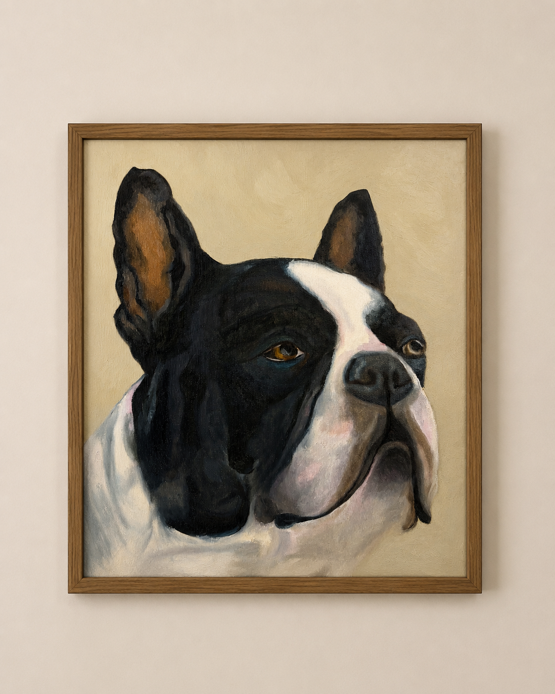 Retrato al óleo de un bulldog francés blanco y negro