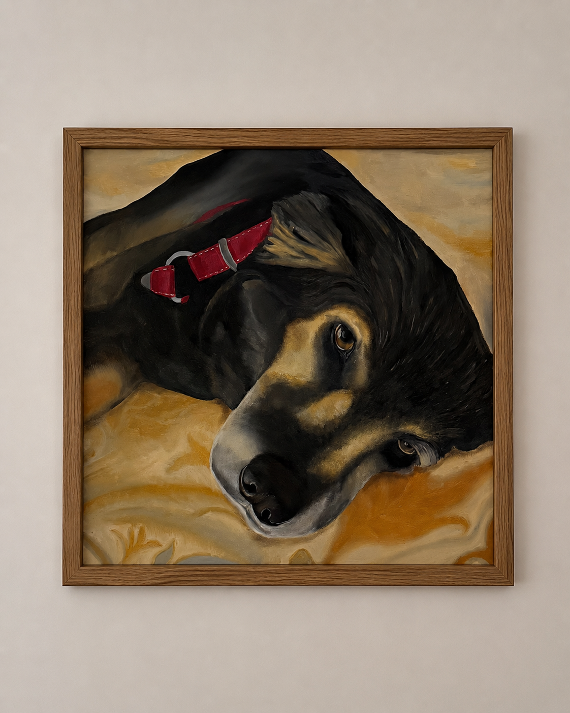 Retrato al óleo de una perra negra descansando