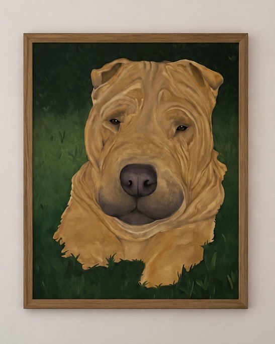 Retrato al óleo de un shar pei sobre fondo verde